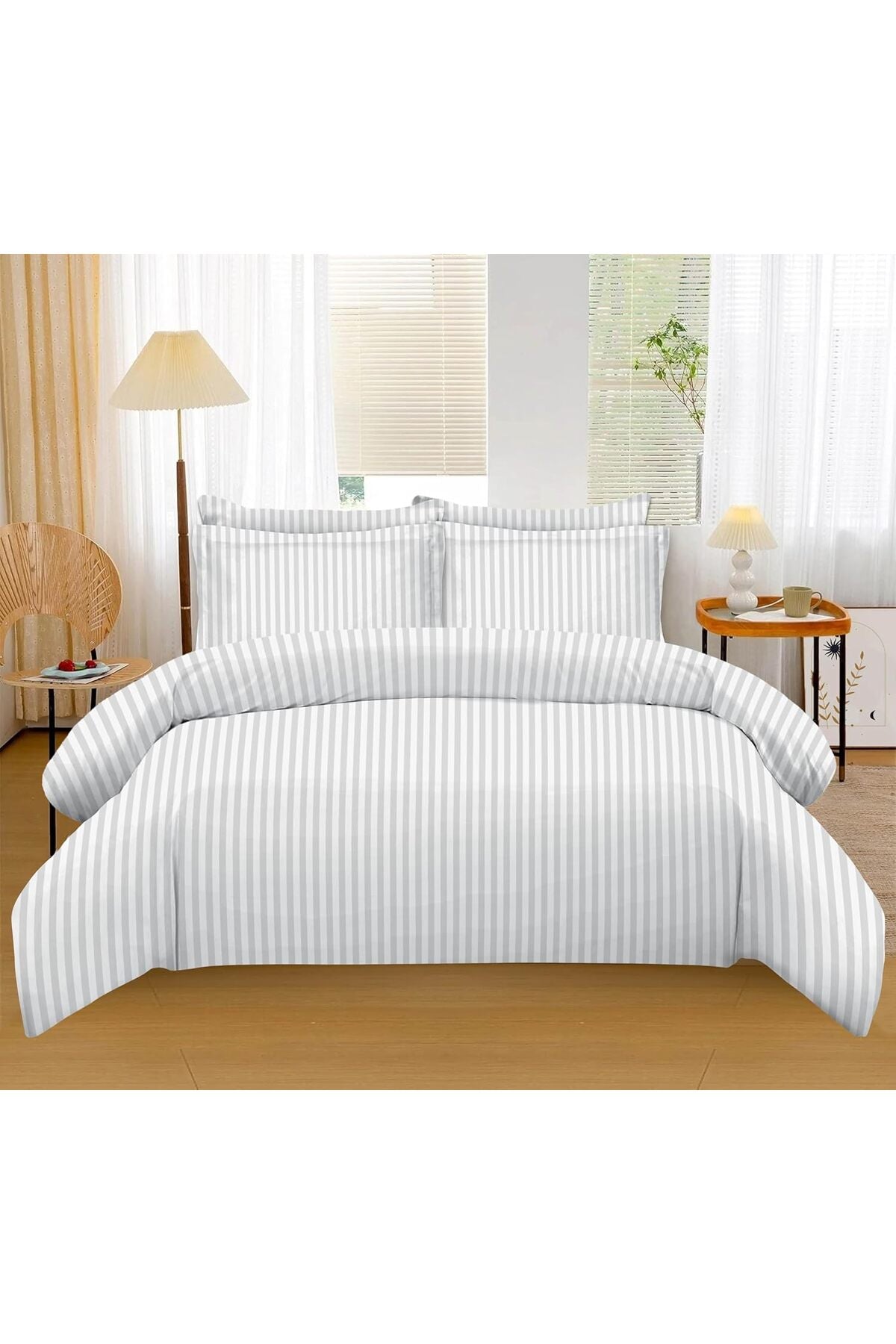 PolyCotton Printed Stripe Bedsheet Set - 6 Piece Bedding Set King Size (200x200+35 cm)