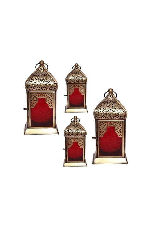 Handmade Decorative Candle Holder Vintage Lantern| Red | Living Room, Bedroom & Outdoor | Home Decoration, Hanging, Table Top | Ramadan, Eid, Diwali, Weddings, Parties | Iron 4PC