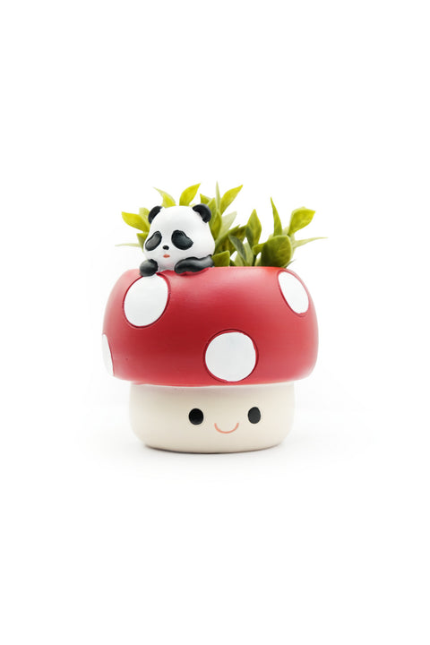 Red Mushroom Panda Planter Polyresin Decorative Flower Pot Cute Animal Succulent Holder with Drainage Hole Indoor Outdoor Home Office Desk Decor Pen Pencil Holder Propagator Kit Gift (Red)