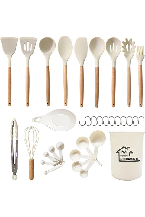 33 PCs Kitchen Utensils Set, Wooden Handle,Silicone Nonstick Heat Resistance,Gadgets Sets for Nonstick Cookware Including Kitchen Spoons, Spatula Sets, Brush,Whisk,Tongs, with Bucket,White