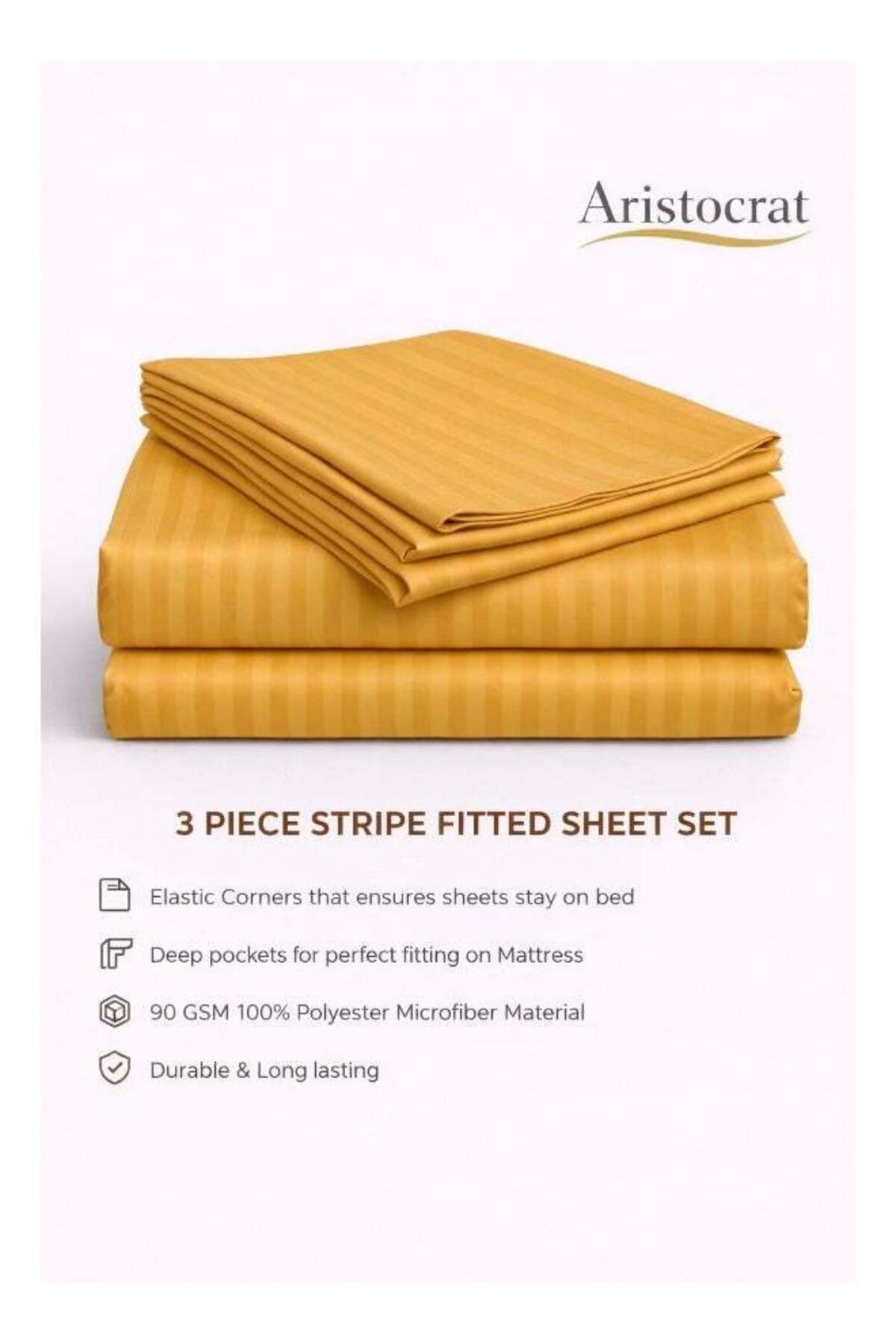 3-Piece Striped Microfiber Fitted Sheet Set Large Single 120x200cm Gold
