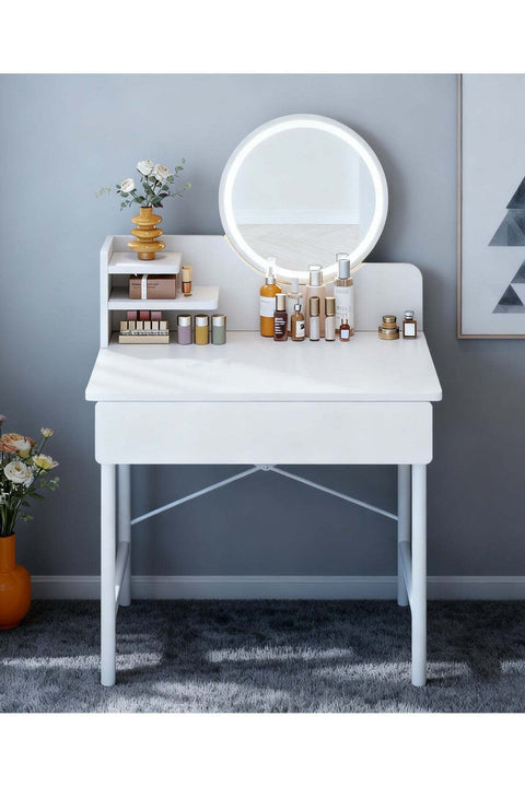 Simple Makeup Vanity Dressing Table, Steel Leg Small White Table with Shelf, Drawer, Mirror and Led Light for Bedroom and Small Space (RJ60CK, 60 * 40cm)