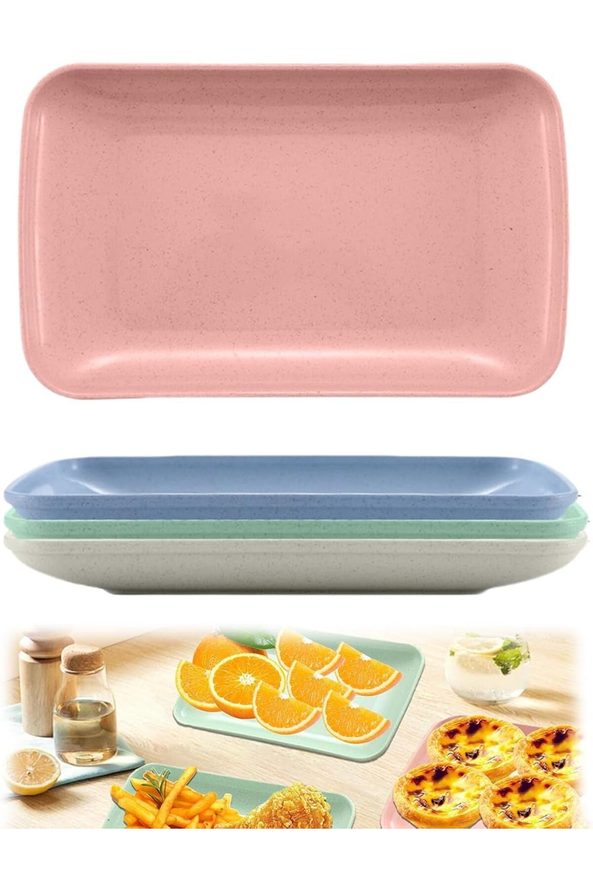 4 Colors Big Rectangular Dinner Plates Unbreakable Wheat Straw Plates, Reusable Durable Lightweight Salad Plate
