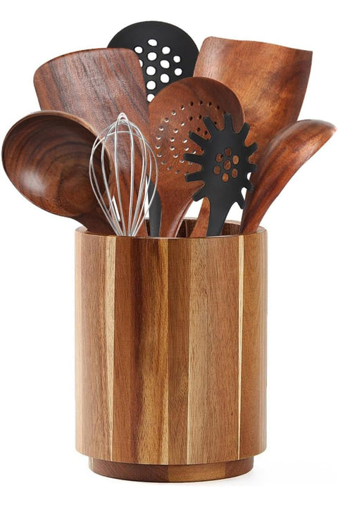 Wooden Utensil Holder, Large Rotating Kitchen Countertop Organizer for Cooking Utensils, Durable Wooden Cutlery Holder with Spacious Farmhouse Design