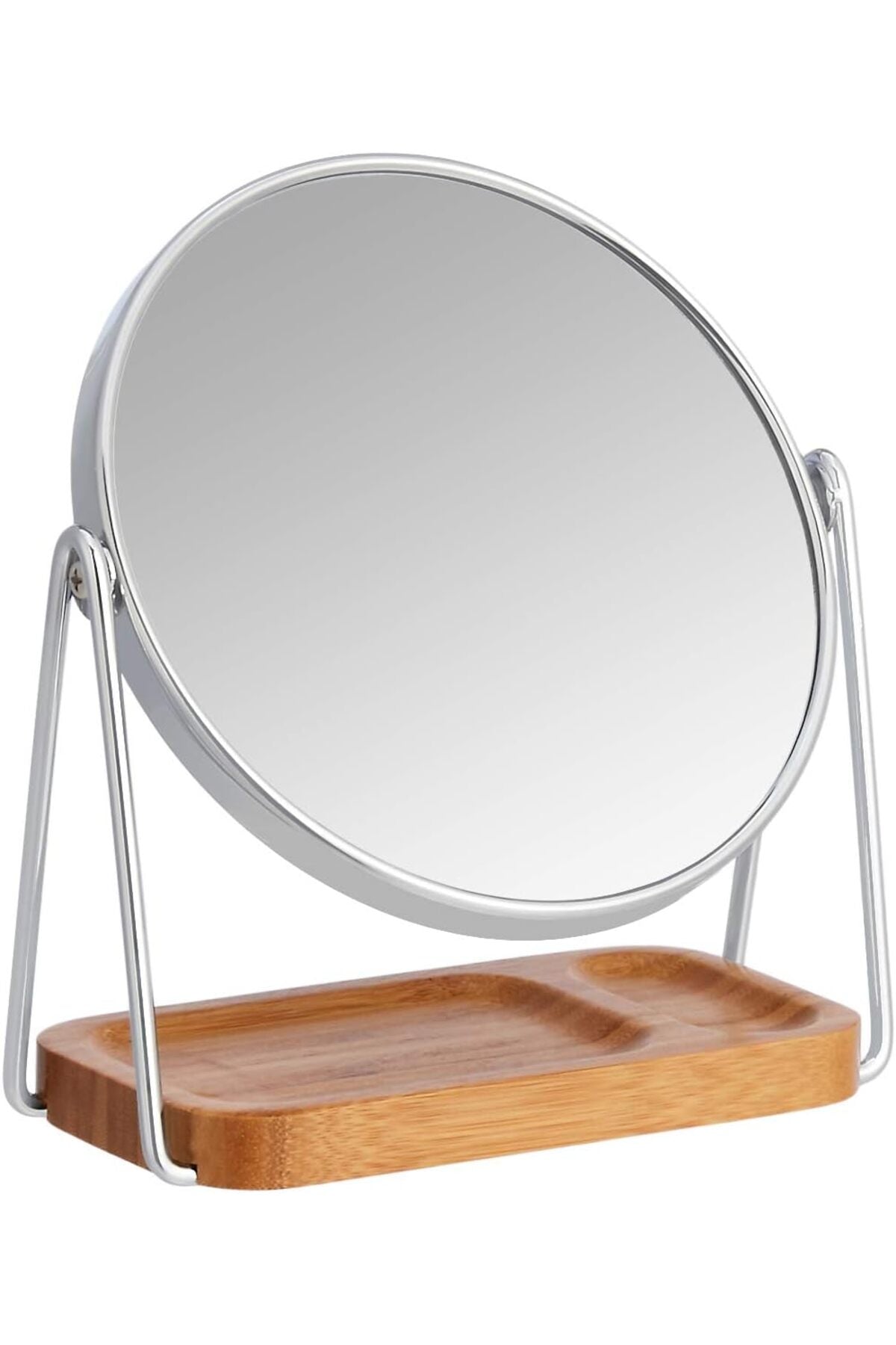 Round Dressing Tabletop Mount Mirror with Rectangle Bamboo Tray -1X/5X Magnification, Silver, 18.3 cm x 8.5 cm (L x W)