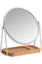 Round Dressing Tabletop Mount Mirror with Rectangle Bamboo Tray -1X/5X Magnification, Silver, 18.3 cm x 8.5 cm (L x W)