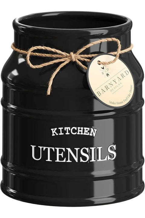 Ceramic Farmhouse Utensil Holder for Kitchen Counter, Large Rustic Utensil Crock, Black