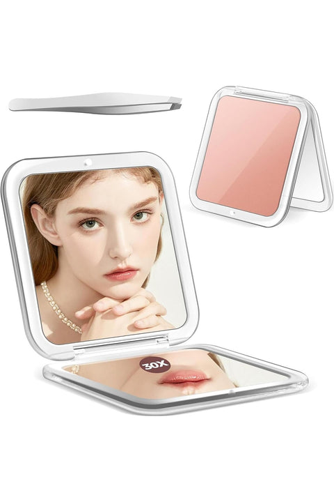 Travel Makeup Mirror 30X Magnifying Mirror Pocket Mirror for Purse Compact Mirror with 30X/1X Magnification Travel Essentials Precision Tweezers for Women (Rose Gold)