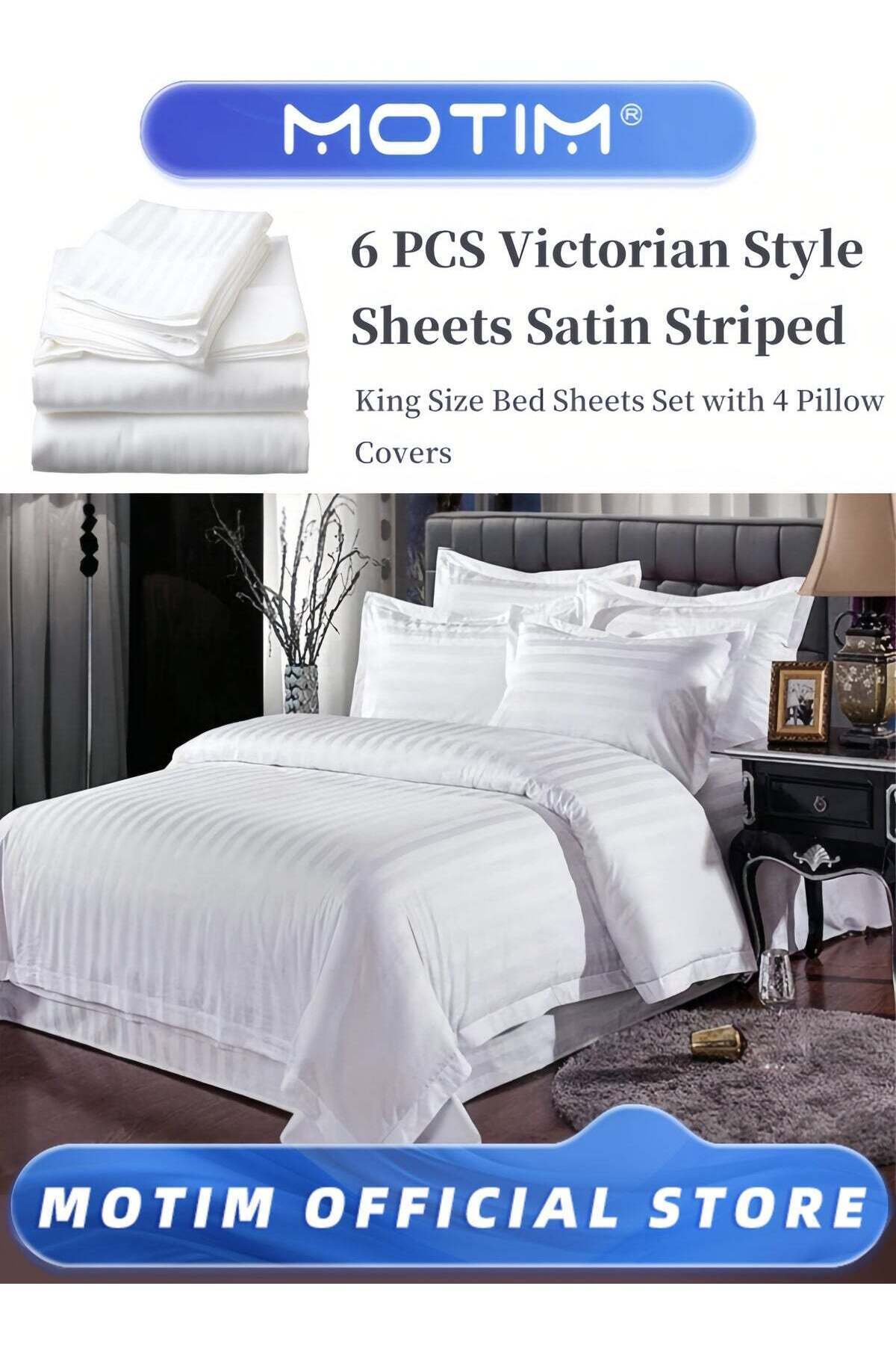 6 Piece Victorian Style Snow White Microfiber Satin Striped Double Bedsheet Set with 4 Pillow Covers