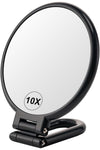 Double Sided Magnifying Mirror 1X/10X, Foldable Black Travel Makeup Mirror – Adjustable Rotation Stand, Multi-Use Hand/Hanging/Desk Vanity Mirror