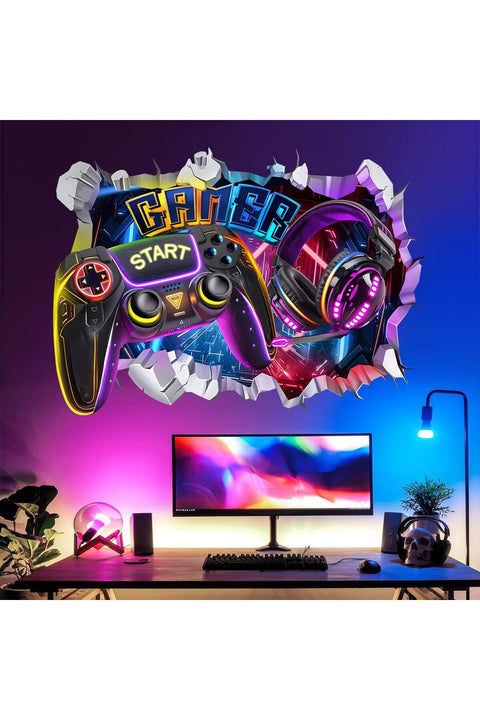 3D Wall Sticker Gamer Wall Sticker Gaming Controller Breakthrough Video Game Wall Sticker Bedroom Playroom Wall Decoration
