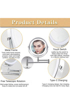 Wall Mounted Lighted Makeup Mirror, Rechargeable 8 inches Bathroom Mirror, 360° Rotation Extendable Double-Sided 1X/10X Magnifying LED Vanity Mirror, with 3 Color Lighting/Touch Screen Dimming