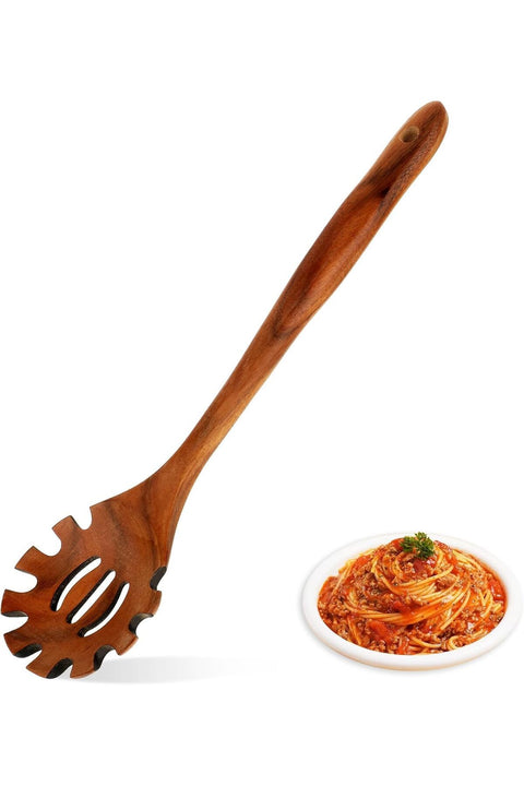 Wood Pasta Spoon, 13 Inch Long Hand Wooden Noodle Ladle, Slotted Spaghetti Fork, Pasta Serving Utensils