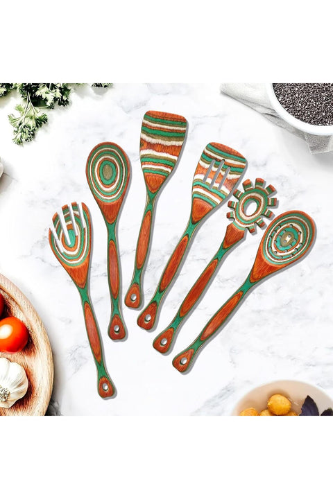 YHKEMA 6-Piece Orange Wooden Cooking Utensils Set – Heat-Resistant Pakkawood for Non-Stick Cookware
