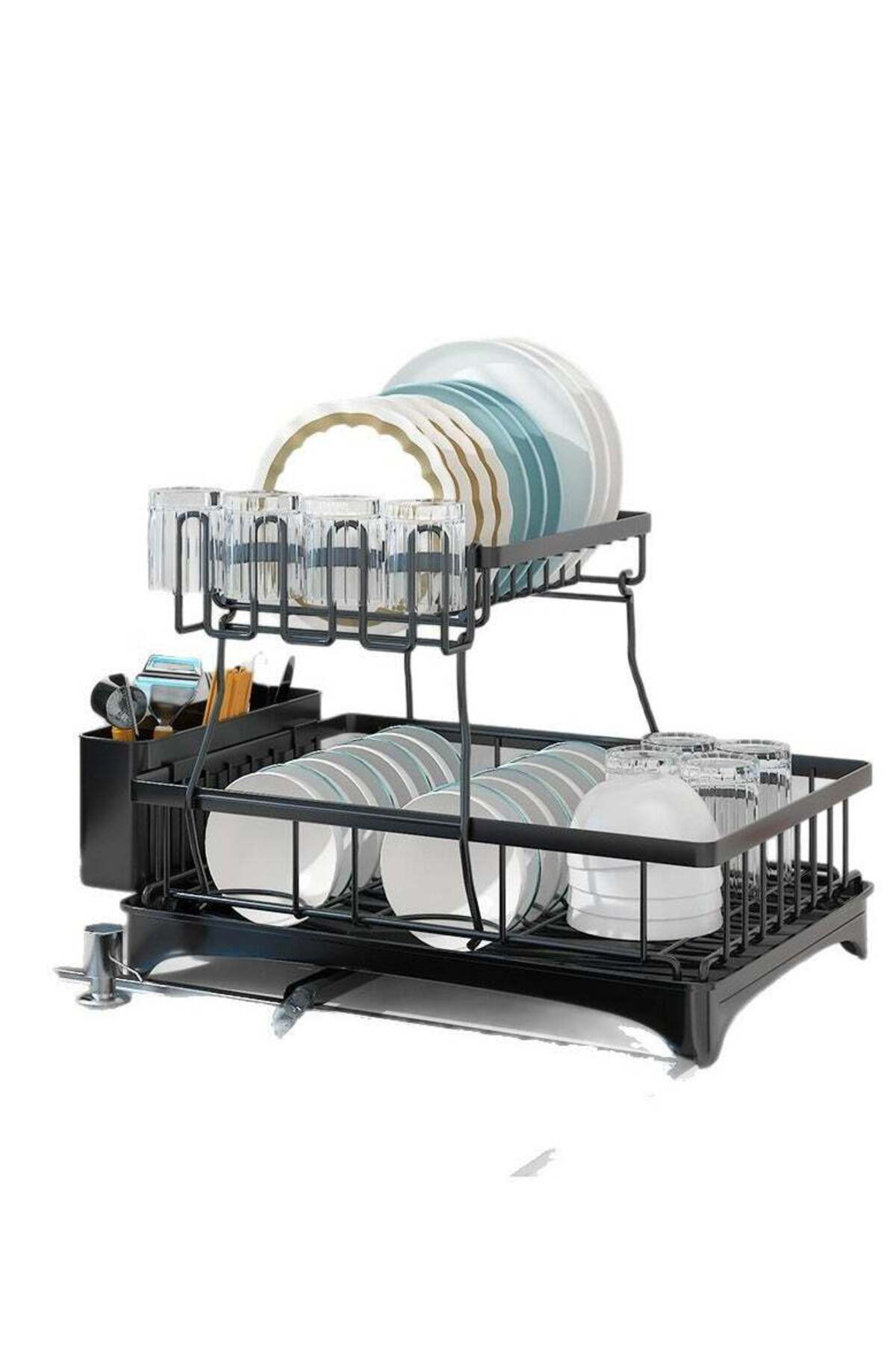 Dish Drying Rack for Kitchen Counter Expandable 2 Tier Dish Rack Large Capacity Dish Drainer with Drainboard Multifunctional Dish Strainer with Removable Cutlery Holder