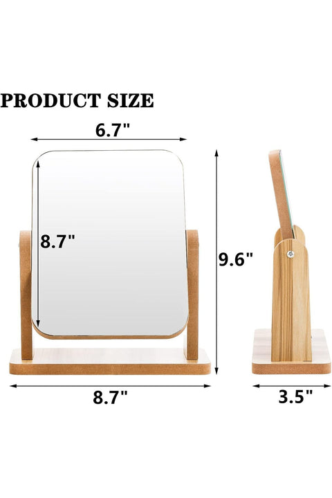 Desk Mirror, 22 x 23.5CM Wooden Mirror 360 Degree Portable Adjustable Table Desk Mirror, Bathroom Living Room Shave Makeup Mirror