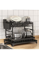 3-Tier Dish Drying Rack with Double-Layer Bowl Rack, Plastic Draining Tray, Chopstick Holder & Metal Cutting Board Rack – Carbon Steel, Rust-Resistant, Large Capacity – Black