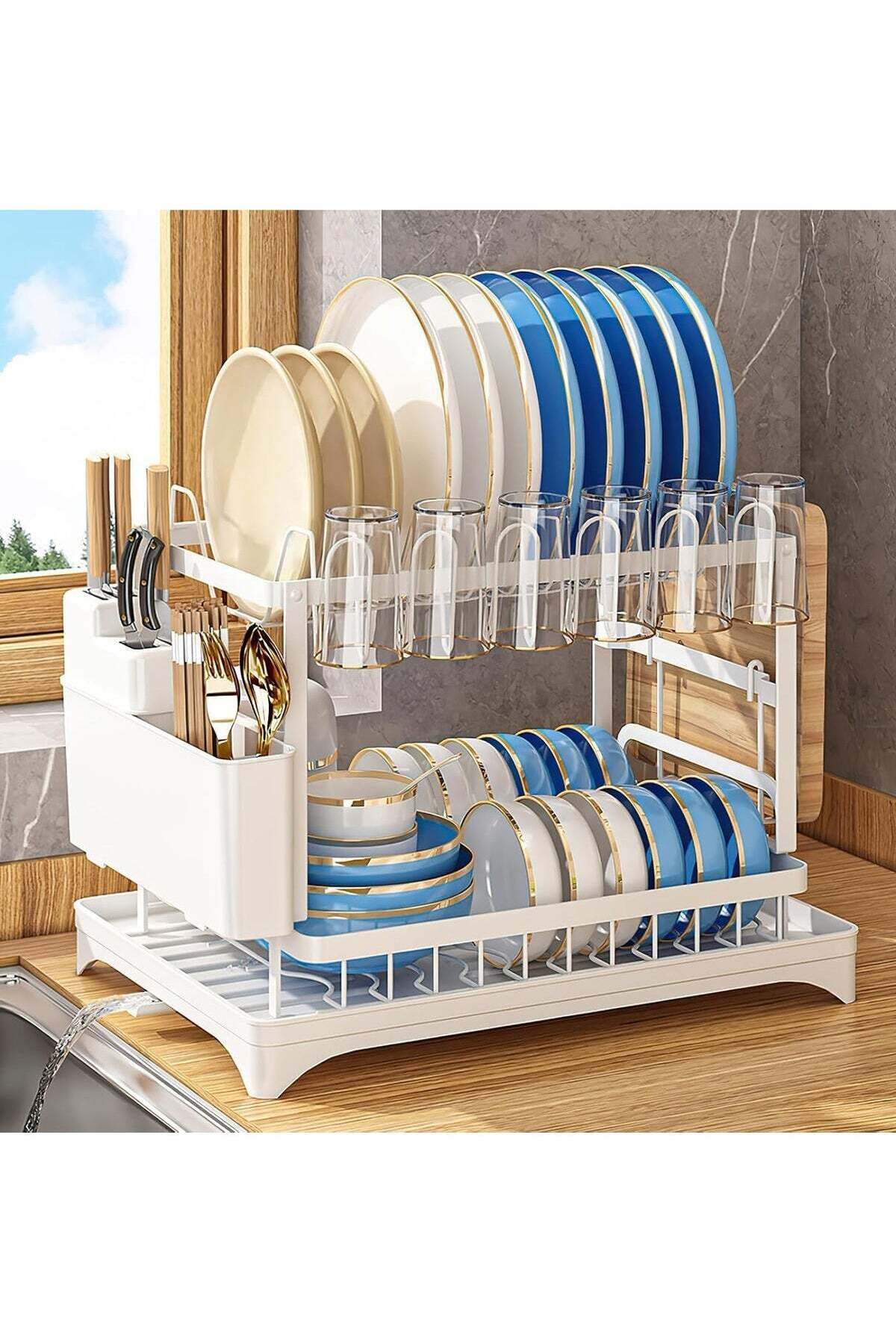 Dish Drying Rack With Drainer, 2 Tier Rustproof Stand for Kitchen Countertop,Cutting Board Holder,