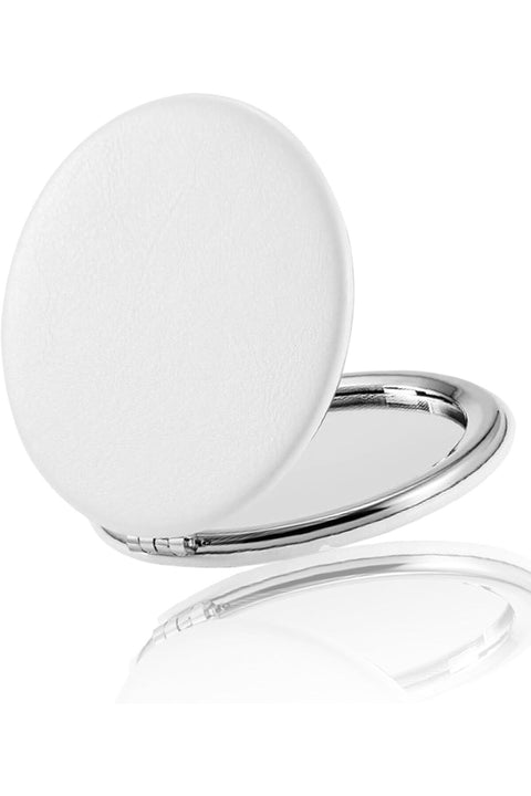 Double-Sided Makeup Mirror for Purse - 1X/2X Magnification, PU Leather, White, 2.8 inches
