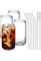 Drinking Glasses with Glass Straw 4pcs Set - 16oz Can Shaped Glass Cups, Beer Glasses, Iced Coffee Glasses, Cute Tumbler Cup, Ideal for Whiskey, Soda, Tea, Water, Gift - 2 Cleaning Brushes