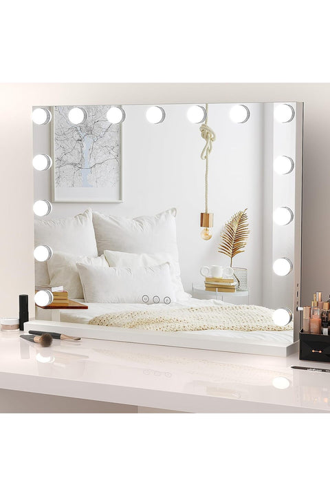 Hollywood Vanity Mirror with Lights, 58×45cm, 15 LED Bulbs, White | 3 Colour Modes, Adjustable Brightness, Tabletop or Wall Mount, USB and Type-C Charging Ports, for Bedroom & Dressing Room