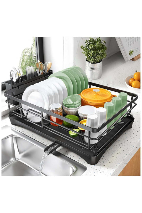 Dish Drying Rack - Stainless Steel Dish Rack for Kitchen Counter, Large-Capacity Dish Drainer with Cutlery Holder, Kitchen Organizer for Dishes, Spoons and Forks, Black
