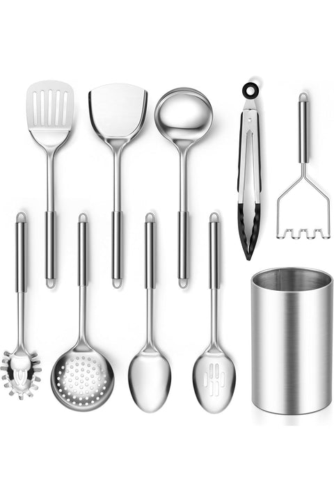 E-far Cooking Utensils Set, 10-Piece Stainless Steel Kitchen Utensils with Holder, Metal Heat Resistant