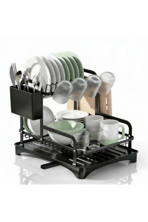 2-Tier Dish Drying Rack with No Water Buildup Drainboard, Keeps Counter Dry, Large Capacity Rustproof Dish Drainer for Kitchen Countertop with Utensil Holder