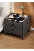 Solid Wood Smart Bedside Table Simple Usb Led Nightstand Fingerprint Lock Wireless Charging Furniture Bedroom Glass Cabinet
