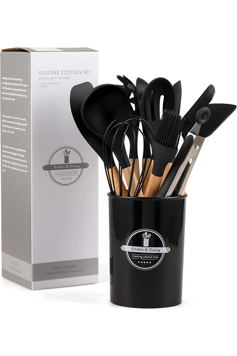 SKYLEAF Silicone Cooking Utensil Set 12 pcs Kitchen Utensils Wooden Handle Nonstick Heat Resistant with Storage Bucket