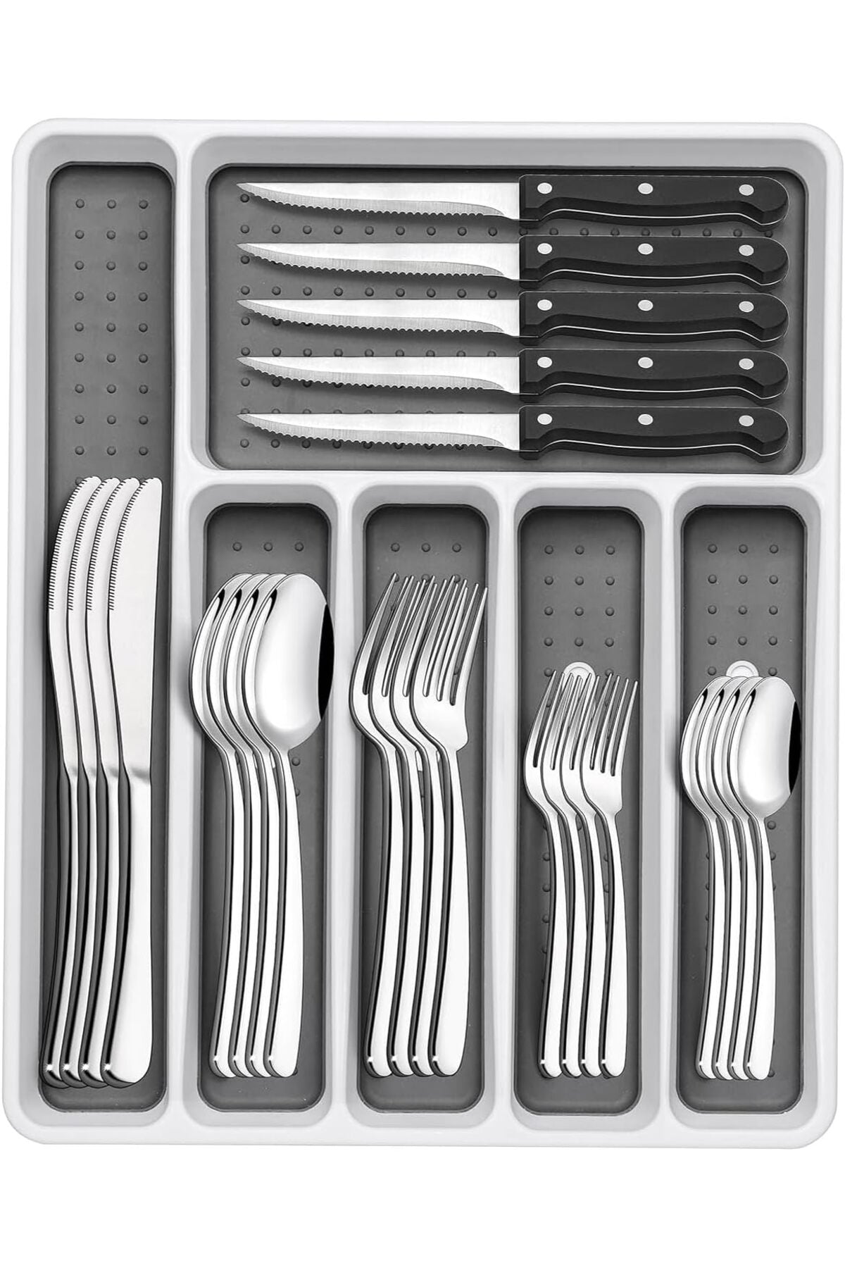 49-Piece Silverware Set with Organizer, Heavy Duty Stainless Steel Flatware for 8, Cutlery Utensil Sets with Steak Knives, Rust-proof, Mirror Polished, Dishwasher Safe
