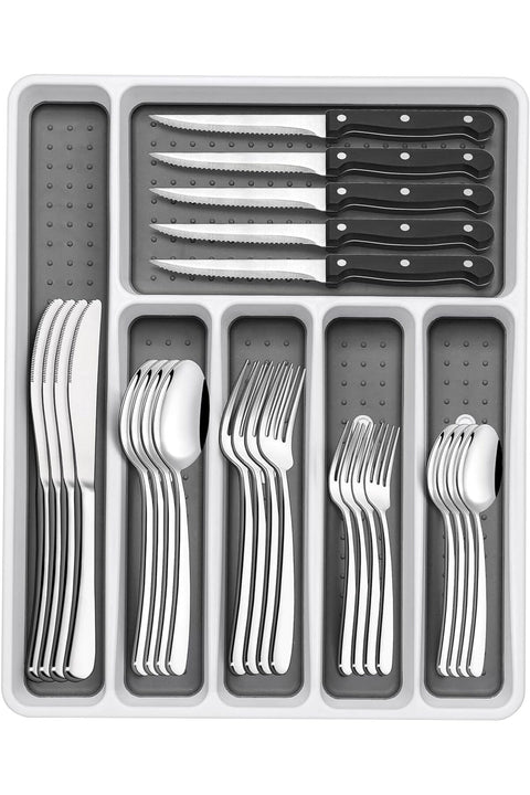 49-Piece Silverware Set with Organizer, Heavy Duty Stainless Steel Flatware for 8, Cutlery Utensil Sets with Steak Knives, Rust-proof, Mirror Polished, Dishwasher Safe