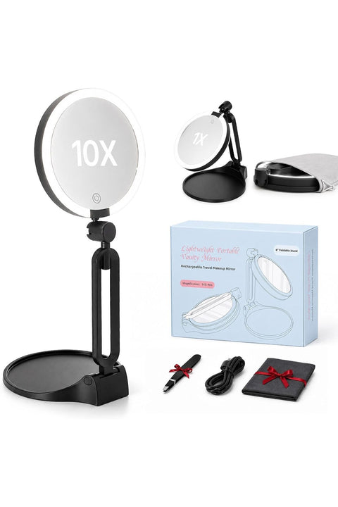 Travel Makeup Mirror with Lights 2026 New, Rechargeable Double-Sided Magnifying Mirror, 3 Color Lighting, Dimmable Touch Screen, Portable Foldable Mirror for Desk & Travel (10X)