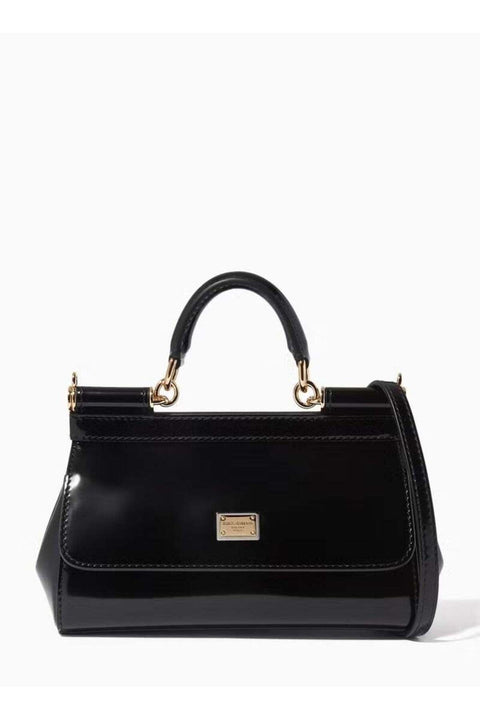 Small East West Sicily Top-handle Bag in Glossy leather, Black-17cm