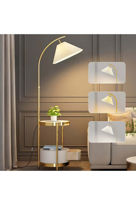 Arc Floor Lamp with Side Table 3-Color Dimmable LED (3000K-6000K) 12W Gold Standing Lamp with Storage Shelf for Living Room Bedroom