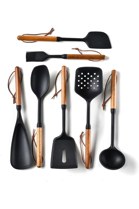 Kitchen Utensils Set with Wooden Handles, Heat Resistant Food Grade Silicone Cooking Utensils