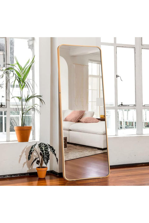 ®150x40cmFull length mirror, arched aluminum alloy large vertical dressing mirror, hanging against the wall, with bracket bedroom living room full-length mirror, gold color