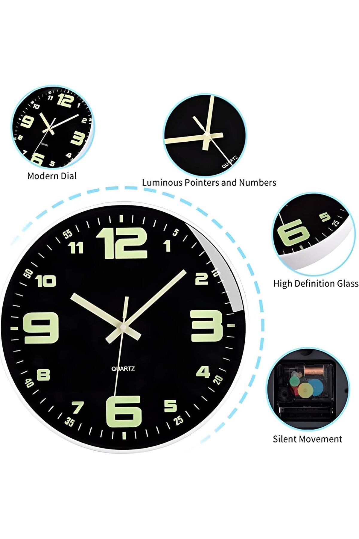 Aputue Luminous Wall Clock, 12 Inch Round Battery Operated Silent Quartz, Luminous Wall Clock Glow in the Dark, Large Numbers Easy to Read for Bedroom Kitchen Office Classroom
