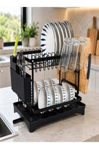 2 Tier Dish Drying Rack for Countertop, Large Capacity Kitchen Rack with Drainboard, Utensil Holder & Cup Holder, Space Saving Dish Drainer Organizer for Plates, Bowls & Cups, Black