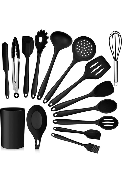 E-far 15-Piece Silicone Cooking Utensils Set with Holder, Non-stick Cookware Friendly & Heat Resistant (Black)