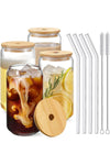 HOOJO Drinking Glasses with Bamboo Lids and Glass Straw 4pcs Set - 16oz Can Shaped Glass Cups, Iced Coffee Glasses, Cute Tumbler Cup, Ideal for Mocktails & Cocktails, Gift - 2 Cleaning Brushes (4)