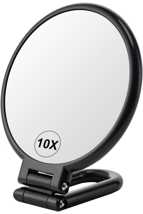 Double Sided Magnifying Mirror 1X/10X, Foldable Black Travel Makeup Mirror – Adjustable Rotation Stand, Multi-Use Hand/Hanging/Desk Vanity Mirror