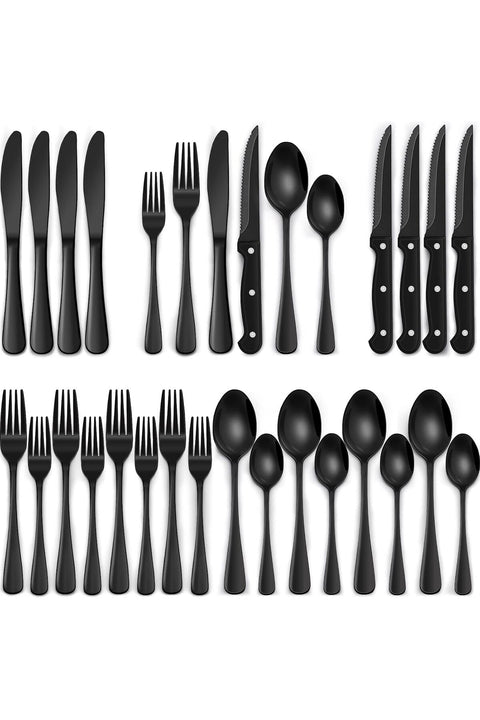 24-Piece Black Silverware Set with Steak Knives, Flatware Set for 4, Stainless Steel Tableware