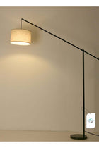 Creative Simple Atmosphere Standing Floor Lamp Cantilever Vertical Adjustable Balance Arm Natural Linen Drum Lampshade Matte Black Metal Pole Foot Switch
