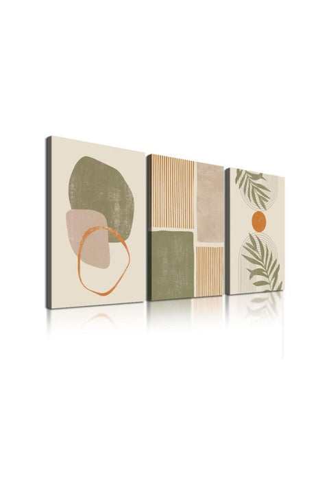 Canvas Prints Wall Art Set Of 3, Mid-Century Modern Wall Decor, Abstract Green Geometric Line Neutral Illustrations Framed Bohemian Artwork For Living Room Bedroom Walls Decoration, 16"X24"