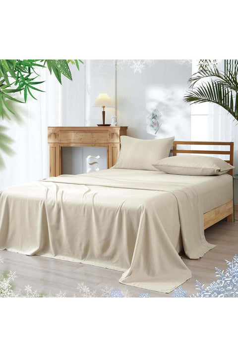 3 Piece 60% Rayon Derived from Bamboo 40% Polyester Cooling Twin Bedding Sheet Set, Natural Beige