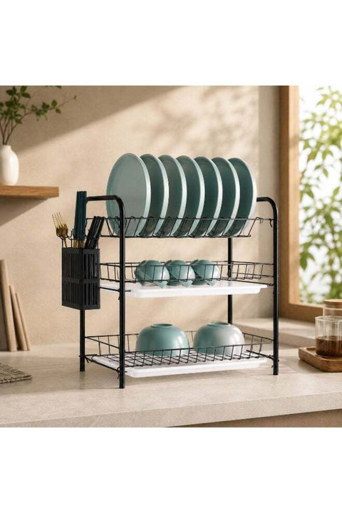 3-Tier Kitchen Dish Drying Rack with Utensil & Cutting Board Holder, High Capacity Black Metal Dish Drainer