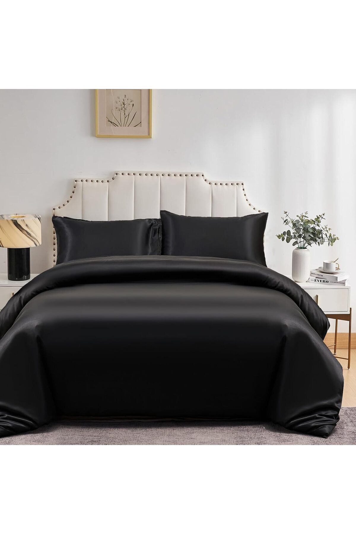 Satin Duvet Cover Set Black Double, Soft Silky Duvet Cover And 2 Pillowcase Set, Lightweight Cooling Comforter Cover