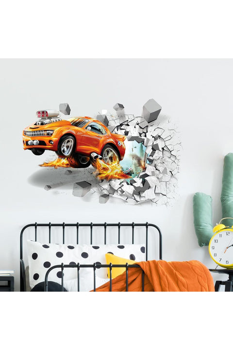 Tanlaby 3D Car Wall Sticker Car Wall Sticker Broken Wall Sports Car Wall Sticker for Boys