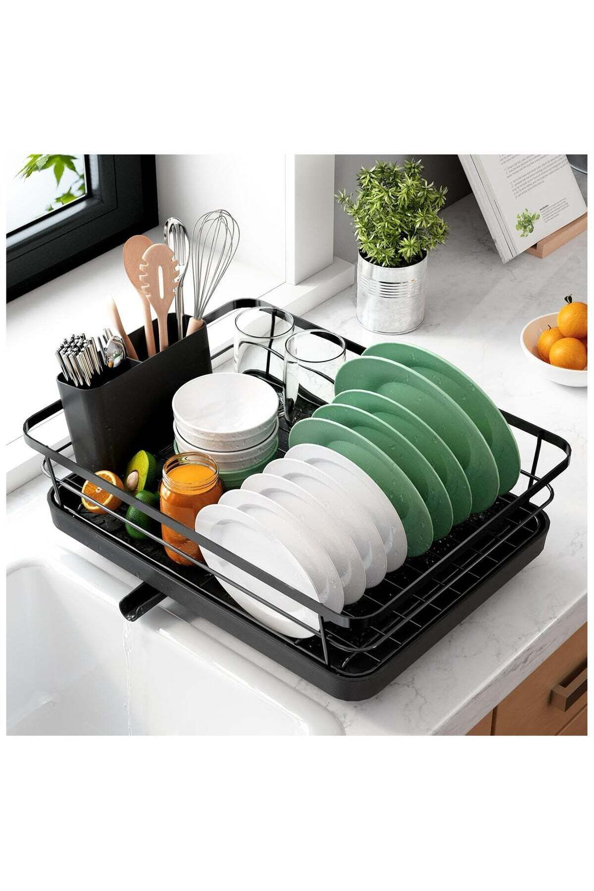 Dish Drying Rack- Space-Saving Dish Rack, Dish Racks for Kitchen Counter, Stainless Steel Kitchen Drying Rack with a Cutlery Holder,12''W x 15''L, Black